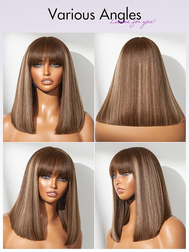 LUVME HAIR 14Inch Ash Blonde Highlights Yaki Blunt Cut Bob Wig with Bangs Glueless Minimalist Lace Short Wig Breathable Cap