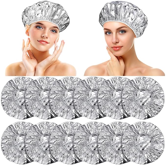 12 Pieces Deep Conditioning Caps Aluminum Foil Reusable Hair Processing Hair Coloring Shower Caps for Home Salon Use(16 Inch,Silvery)