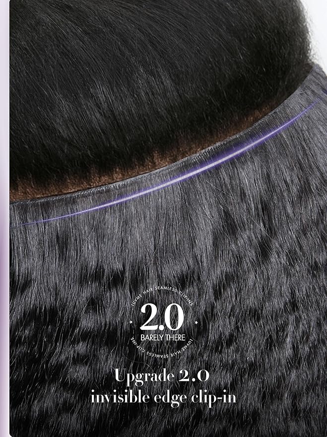 LUVME Invisible Clip in Hair Extensions, Kinky Straight Real Human Hair 24 Inch 2 Pack 220g 14pcs Clip ins Hair Extensions Natural Black for Women