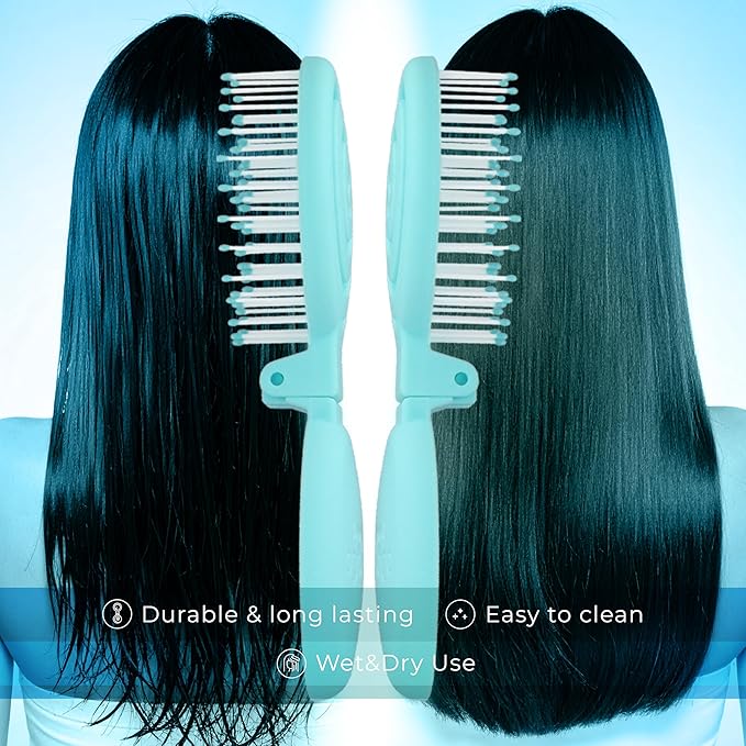 Mini Detangler Travel Hair Brush with Mirror, Makaron Hair Brushes for Women, Men and Kids, Unique 3D Flexible Design for All Hair Types, Styling Accessory, Travel Essentials for Women (BLUE)