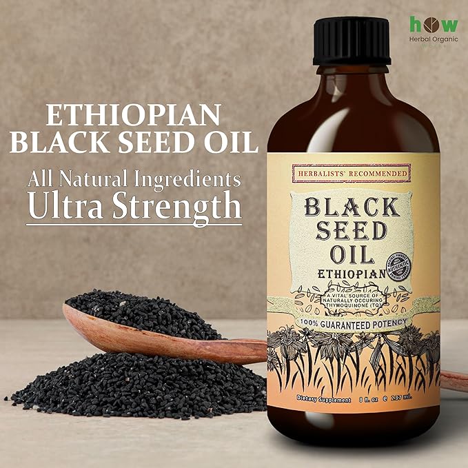 Black Seed Oil 8 oz - Cold Pressed Ethiopian Black Cumin Nigella Sativa, 3X Thymoquinone, 100% Pure Liquid in Glass Bottle - Supports Immune, Hair, and Skin Health