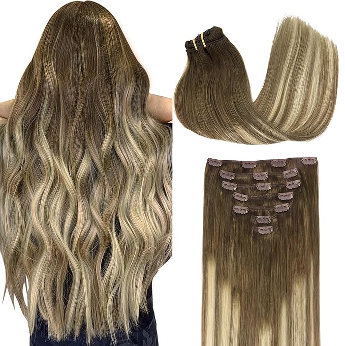 GOO GOO Clip in Hair Extensions Real Human Hair, Remy Human Hair Extensions Clip ins for Women, Natural Human Hair, 24inch 170g 7Pcs, #3/8/613 Balayage Walnut Brown to Ash Brown and Bleach Blonde