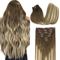 GOO GOO Clip in Hair Extensions Real Human Hair, Remy Human Hair Extensions Clip ins for Women, Natural Human Hair, 26inch 180g 7Pcs, #3/8/613 Balayage Walnut Brown to Ash Brown and Bleach Blonde