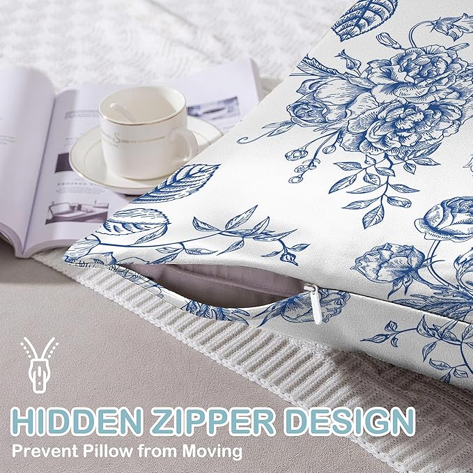 Blue Flowers Peonies Roses Satin Pillow Case Queen Size,Soft Pillowcases for Hair and Skin Similar to Silk,Pillowcases with Hidden Zipper Bedding Accessories,20X30 Inches,1 Pack