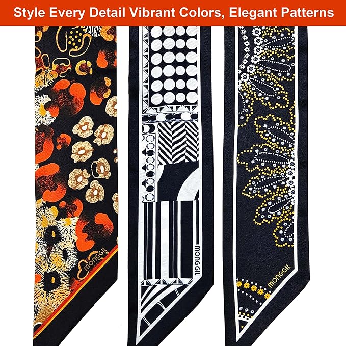 Skinny Scarf 3 Pack for Women – Bag Scarf, Silk Hair Scarves (Original Prints, Premium Twill, 3 Designs)