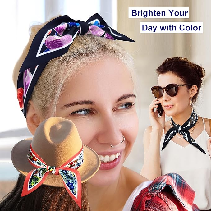 Skinny Scarf 3 Pack for Women – Bag Scarf, Silk Hair Scarves (Original Prints, Premium Twill, 3 Designs)