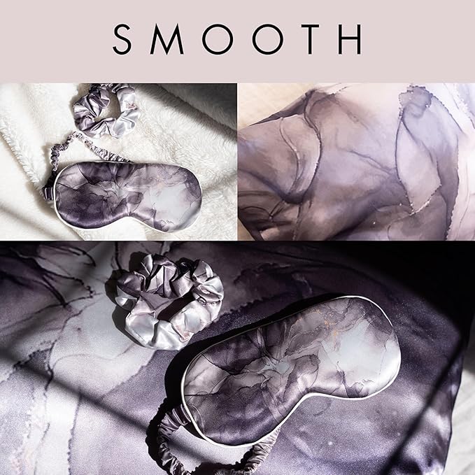 Satin Pillowcase Gift Set for Women – Marble Black, Silky Soft, Reduces Frizz | Includes Satin Eye Mask & Scrunchie | for Curly Hair, Sensitive Skin | Gift for Mom, Daughter, Girlfriend