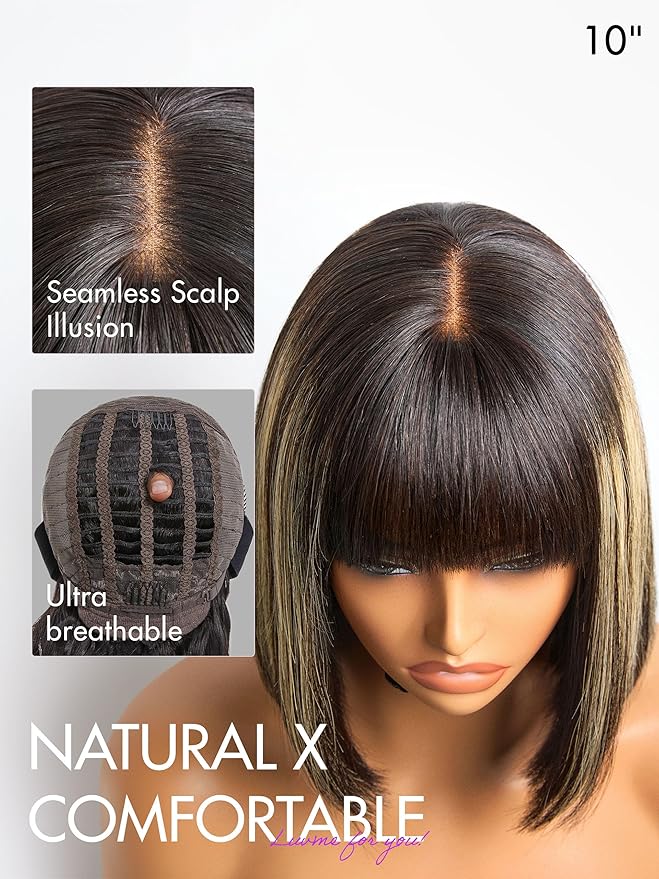 LUVME HAIR 12 Inch Blonde Highlight Bob Human Hair Wig with Bangs Glueless HD Lace Bang Wig True Scalp Ready to Go Silky Straight Highlight Human Hair Short Wig with Bangs (Breathable Cap)