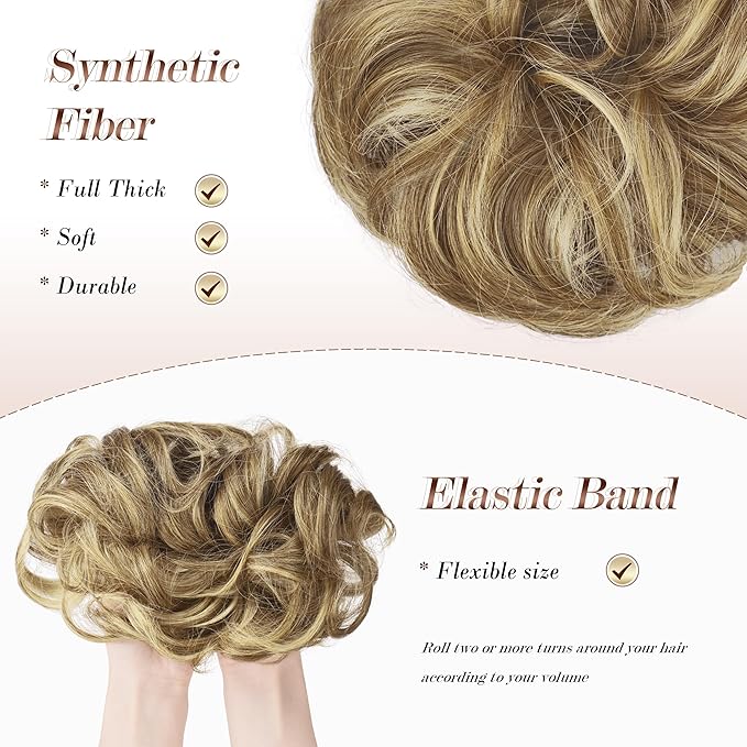FESHFEN Messy Bun Hair Piece - Elastic Wavy Curly Hair Bun Scrunchies Extensions Synthetic Chignon Hairpieces for Women, Sand 1.5 oz
