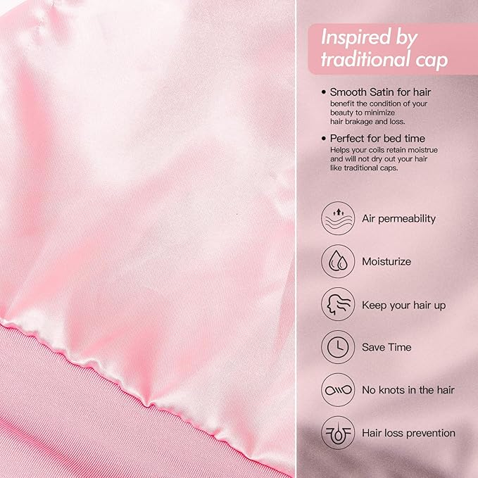 Silk Satin Lined Bonnet Sleep Cap - Adjustable Stay on All Night Hair Wrap Cover Slouchy Beanie for Curly Hair Protection for Women and Men - Solid Pink