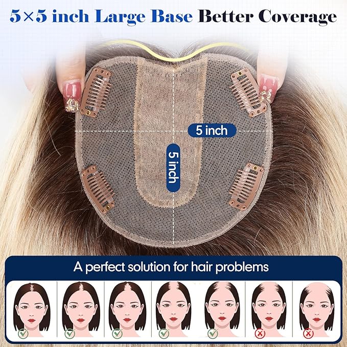 HAIRCUBE Hair Toppers For Women With Thinning 5"*5" Large Base Real Hair Toppers For Women, 14 Inch For Hand-Woven, 60g, Silk, Natural, realistic, Use Daily, Hairloss, Blonde Mixed Brown, No Bangs