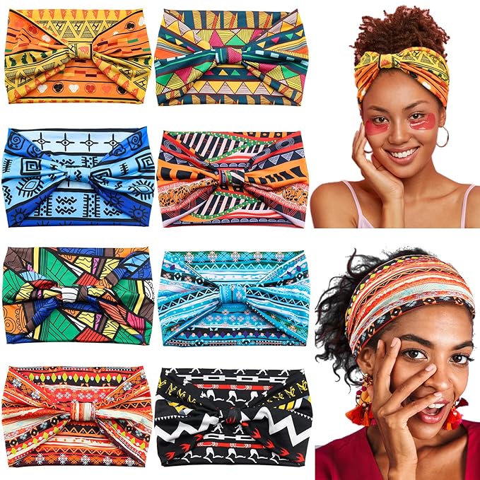 Yeshan Women's Wide Boho Knotted Non-Slip Turban Headwraps - Stretchy Bandeau Hair Bands for Sports, Yoga, Workouts, Pack of 8