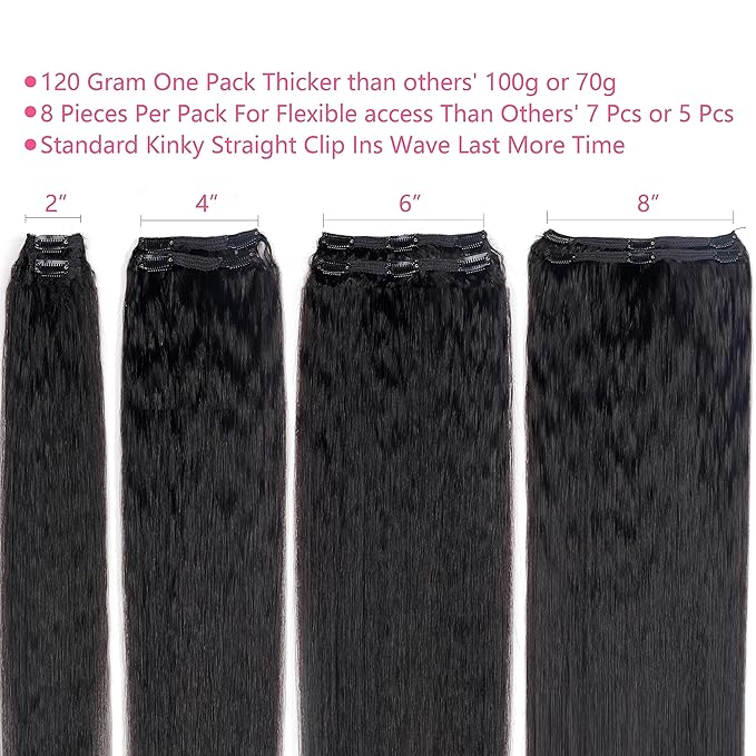 Kinky Straight Clip in Hair Extensions Real Human Hair Natural Black Double Weft Clip ins for Women 16 Inch 120g 8pcs Seamless Kinky Straight Clip on Extensions Human Hair