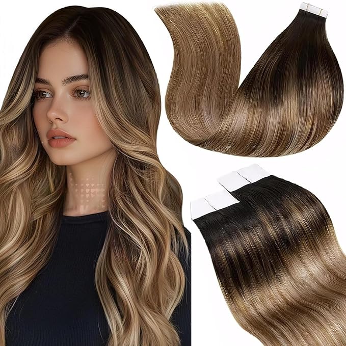 LaaVoo Invisible Tape in Hair Extensions Human Hair Ombre Dark Brown to Medium Brown Mix Golden Brown Hair Extensions Tape in Real Hair Tape on Extension Silky Straight Hair 20inch 50g 20pcs