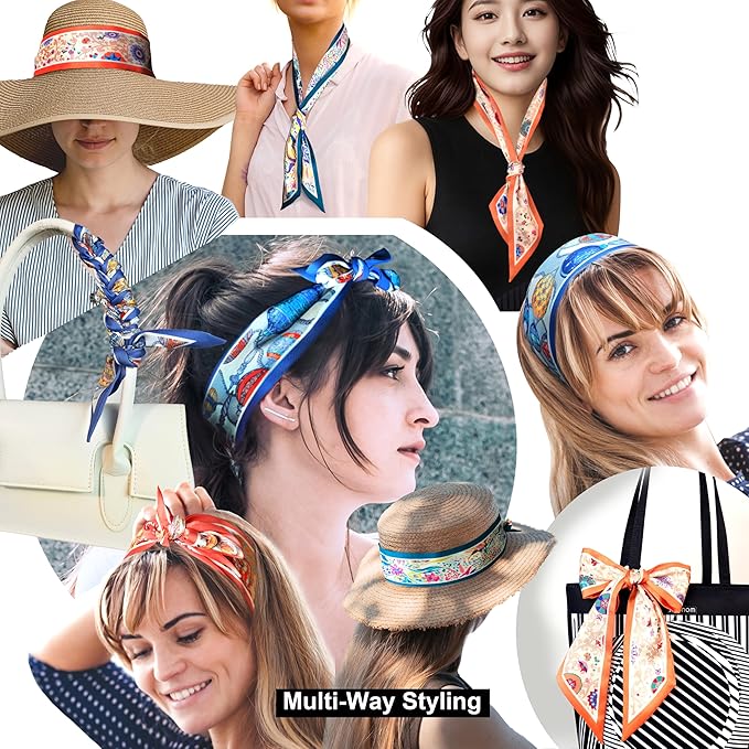 Skinny Scarf 3 Pack for Women – Bag Scarf, Silk Hair Scarves (Original Prints, Premium Twill, 3 Designs)