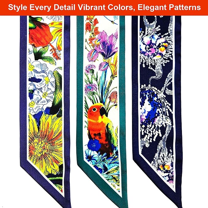 Skinny Scarf 3 Pack for Women – Bag Scarf, Silk Hair Scarves (Original Prints, Premium Twill, 3 Designs)