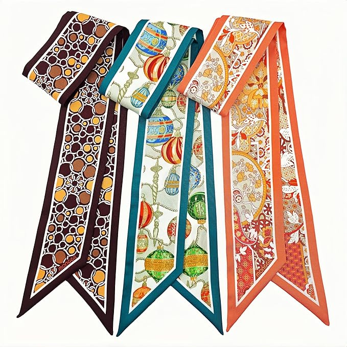 Skinny Scarf 3 Pack for Women – Bag Scarf, Silk Hair Scarves (Original Prints, Premium Twill, 3 Designs)