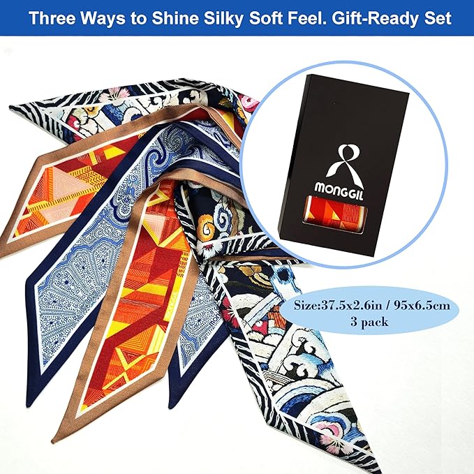 Skinny Scarf 3 Pack for Women – Bag Scarf, Silk Hair Scarves (Original Prints, Premium Twill, 3 Designs)