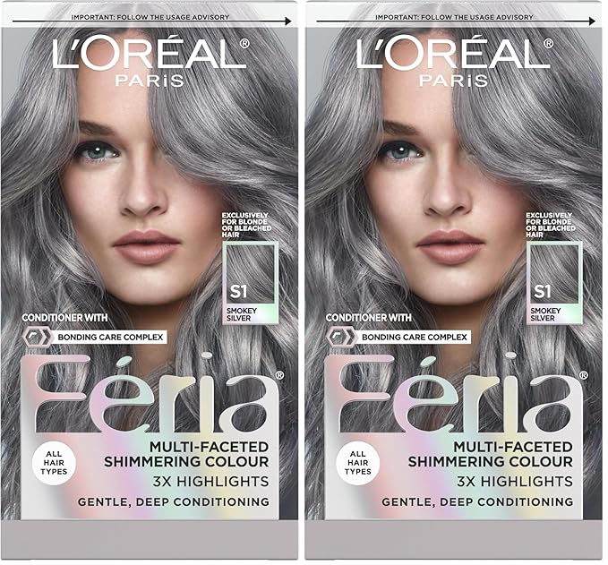 L’Oreal Paris Feria Multi-Faceted Shimmering Permanent Hair Color, Smokey Silver, Pack of 2 Hair Dye Kit