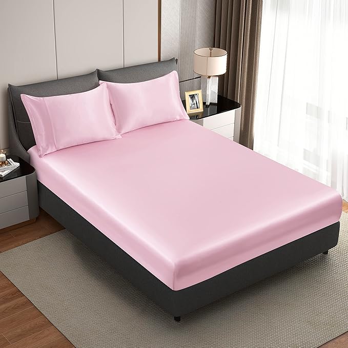 Pink Satin Pillowcase Standard Set of 2 with Envelope Closure，Pink Silk Pillowcase for Hair and Skin (20x26)