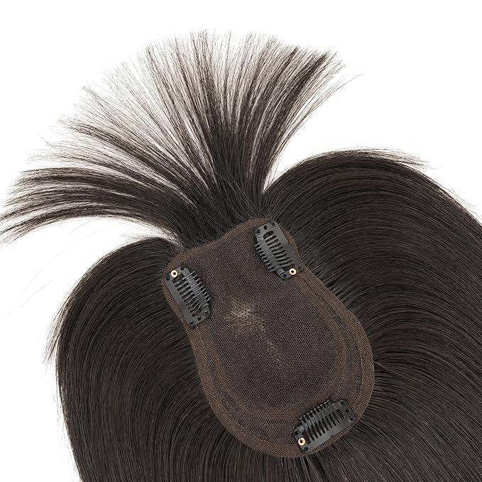 Hairro Human Hair Toppers with Wispy Bangs, 3D 360° Seamless Real Hair Toppers, Hand-Tied with 3.5"x4.7" U-shaped Base, Clip-In Hairpieces to Add Volume on Top, 12 Inch Natural Black