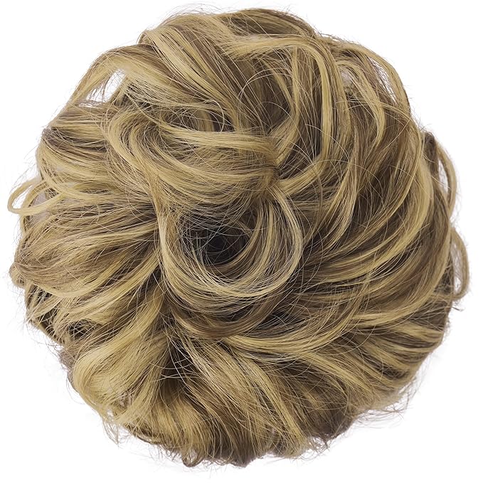 FESHFEN Messy Bun Hair Piece - Elastic Wavy Curly Hair Bun Scrunchies Extensions Synthetic Chignon Hairpieces for Women, Ash Brown & Blonde 1.5 oz