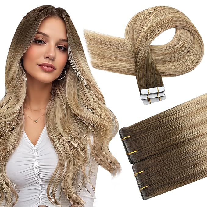 Full Shine Injection Tape in Hair Extensions Human Hair Color 3/8/22 Balayage Virgin Extensions 16Inch Invisible Tape in Human Hair Extensions Machine Remy Tape ins 20Gram 10Pcs For Women