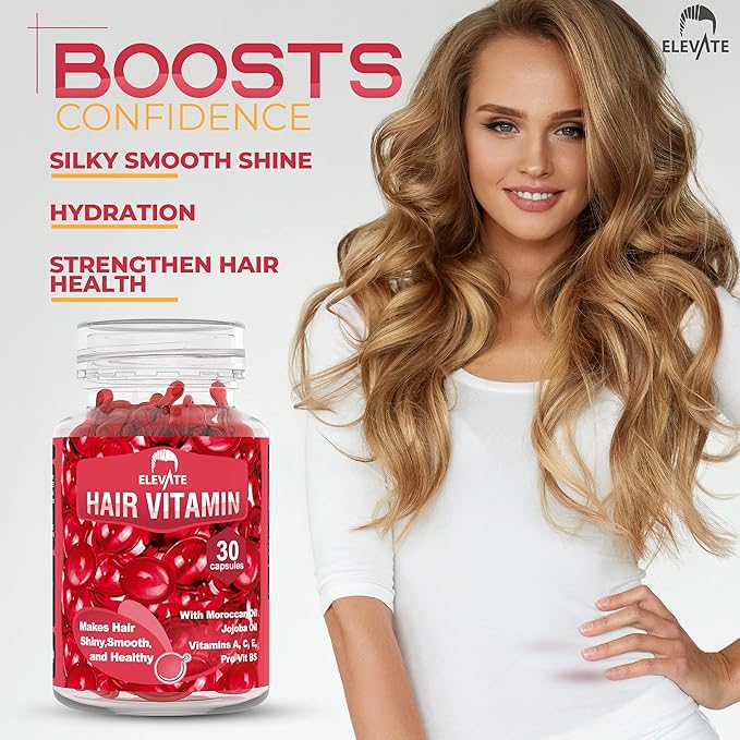 Elevate Hair Treatment Serum Oil Capsules - Conditioning Repair & Moisturizing Formula with Argan Jojoba Oils Vitamins A C E Pro Vitamin B5 Healthier Smooth Silky Thicker for Softness (1 Bottle)