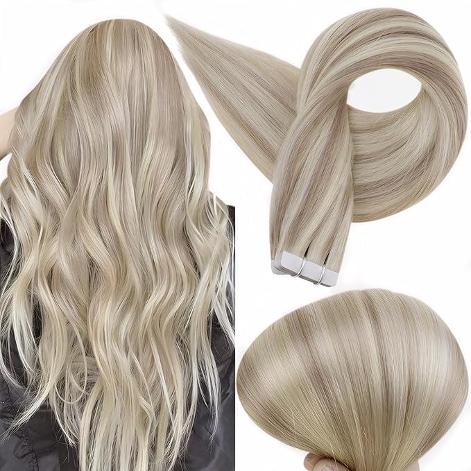 Full Shine Tape in Hair Extensions Human Hair Blonde Tape in Extensions Color 18 Ash Blonde Highlighted 613 Blonde 18Inch Seamless Invisible Skin Weft 100G for Wedding 40Pcs