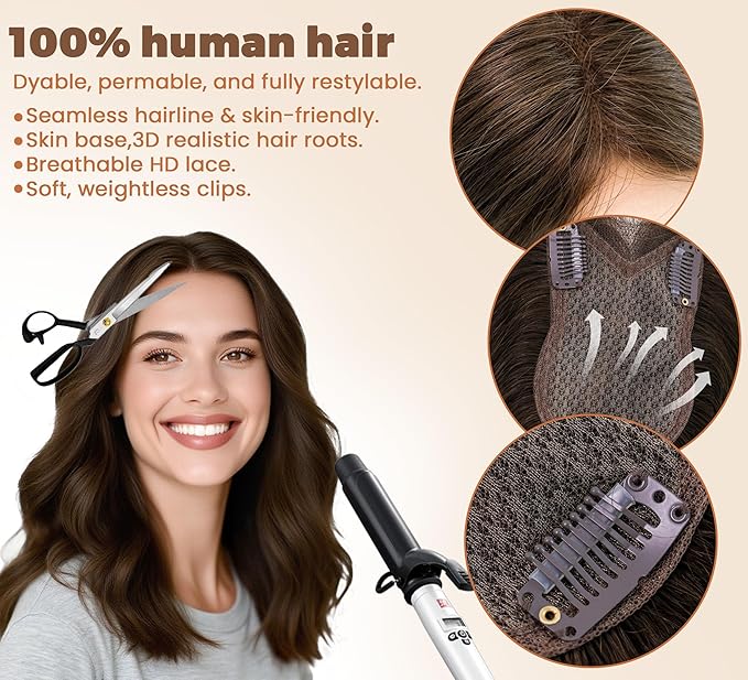 8x11cm Breathable Hair Topper, 12 inches 35g 120% Density Real Human Hair, 3 Non-Slip BB Clips, Wearable on Left, Right & Middle Part, Versatile Styling for Hair Loss & Volume Boost (Brown)