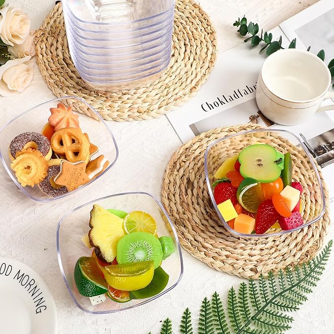 Lallisa 24 Pcs Clear Acrylic Serving Bowls Plastic 16 oz Square Party Snack or Salad Bowl Disposable Plastic Party Bowls for Weddings Baby Shower Buffet Party Snack Chips Candy or Salad