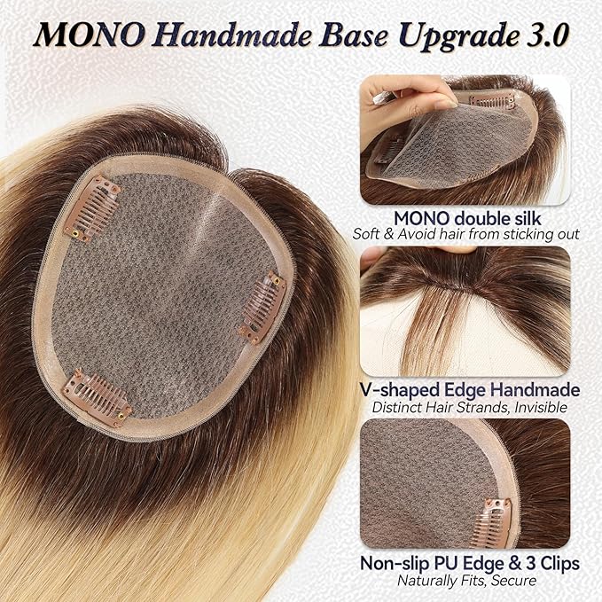 starluck Hair Toppers for Women Real Human Hair,5.5"*5"MONO Large Base,100% Real HumanHair Toppers for Women with Thinning,56g Hand-moven Topper,Gray Roots,High Volume,Ombre Light Blonde
