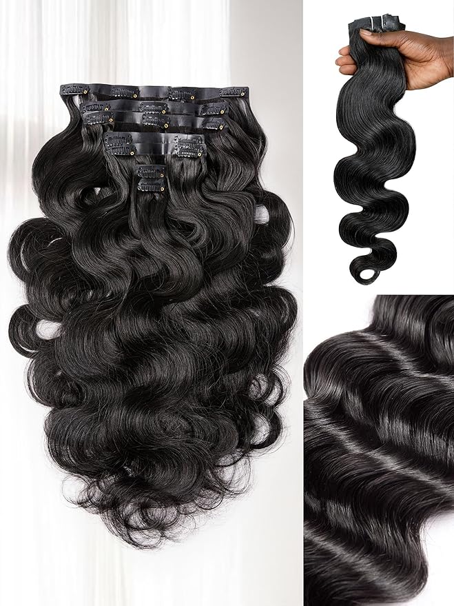LUVME Hair Extensions Natural Black 24 Inch 135g 7pcs Real Human Hair Body Wavy Remy Clip in Human Hair Extensions Thick Hair