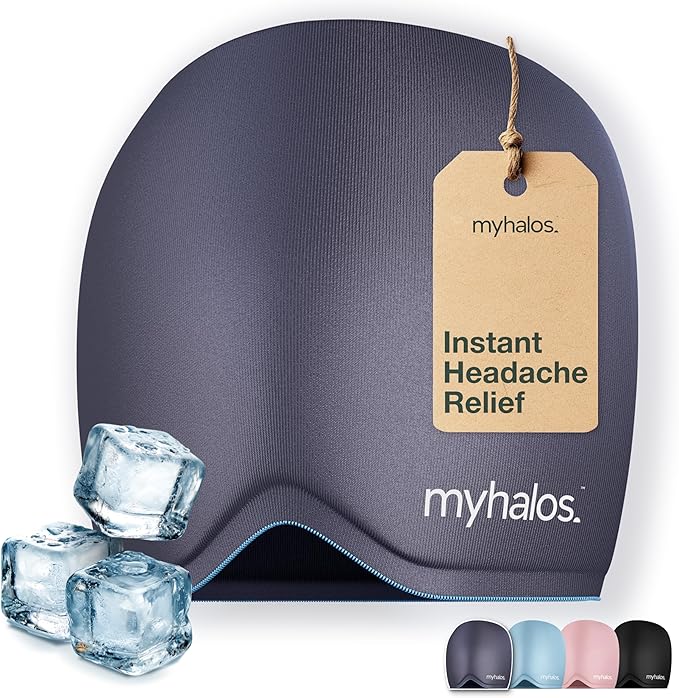 MyHalos® Migraine Relief Cap, 30% Thicker, 2X More Cooling Gel - Stays Colder for Longer, Ice Hat, Ice Pack Head Wrap, Cold Headaches & Migraine Mask - Hangover, Tension Headache Relief Cap (Gray)
