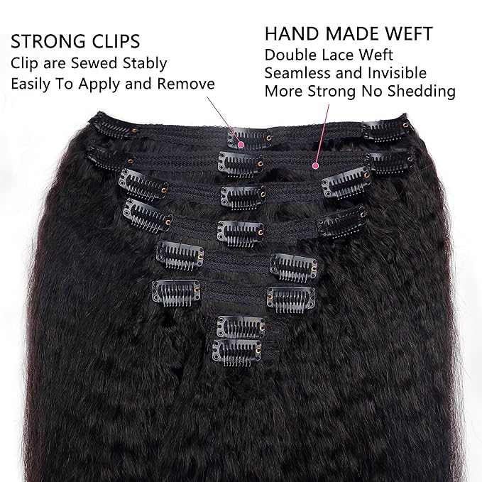 Kinky Straight Clip in Hair Extensions Real Human Hair Clip ins Natural Black Double Weft Clip ins for Women 12 Inch 120g 8pcs Kinky Straight Clip on Extensions Human Hair