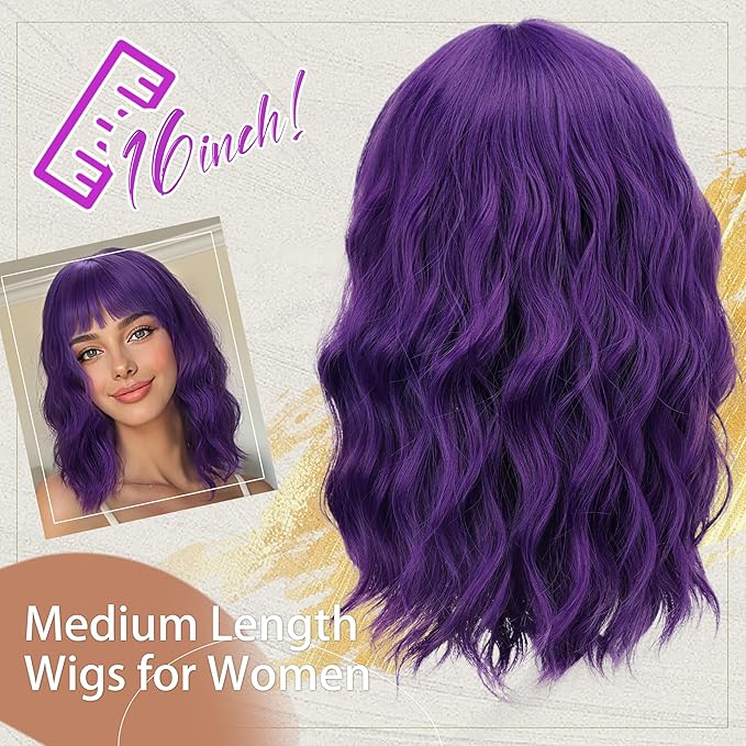 Nnzes Wig Bangs Natural Purple Short Wavy Hair for Women Natural Looking Heat Resistant Bob Wigs with Synthetic Wig for Daily Party Use