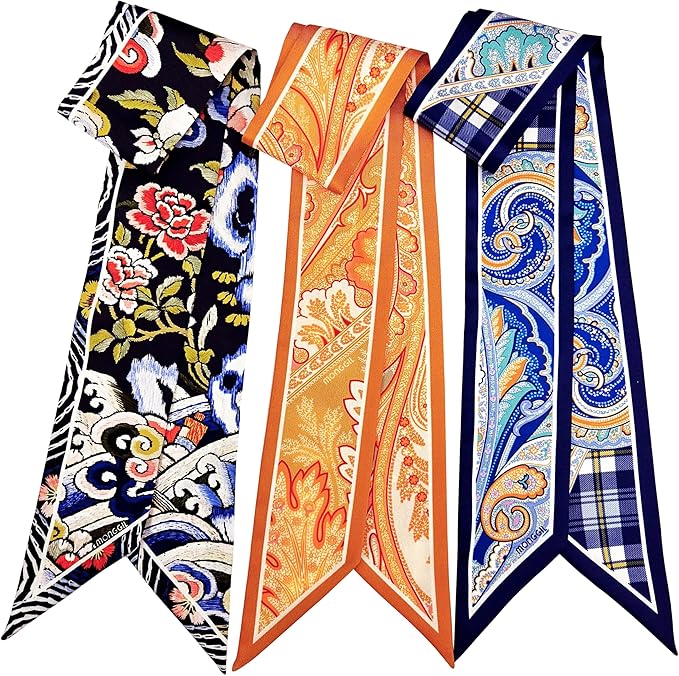 Skinny Scarf 3 Pack for Women – Bag Scarf, Silk Hair Scarves (Original Prints, Premium Twill, 3 Designs)