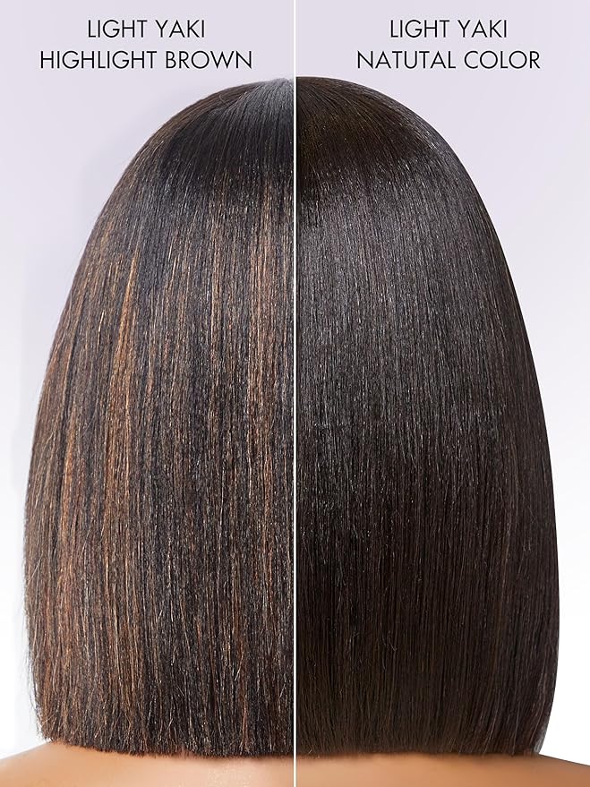 LUVME HAIR 10 Inch Yaki Straight Bob Wig with Bangs Human Hair Glueless HD Lace Bob Wig with Brown Highlights, Ready to Go Short Wigs For Women 180 Density (Breathable Cap)