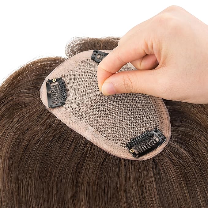 Hairro Human Hair Toppers Free Parted, 3.5x4.7" Base Hand-wovened 100% Real Hairpieces, with Invisible Clips-in for Women, for High Hairline/Adding Volume on Top, 10 Inch Dark Brown