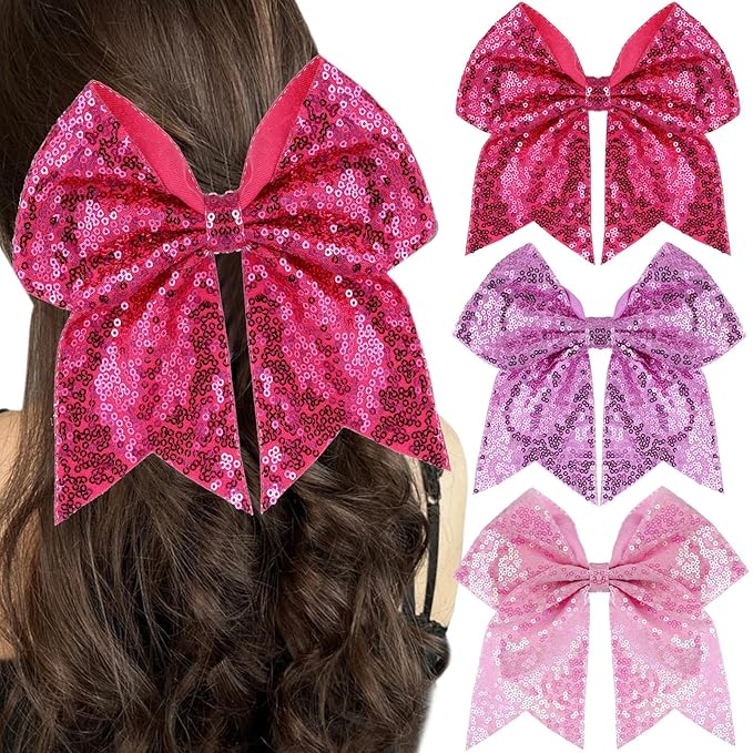 Large Big 7 Inch Glitter Bow Clip Sequin Bling Party Hair Accessories for Women Teens Girls Kids 3 Pcs (HotPink, Light Purple, Pink)