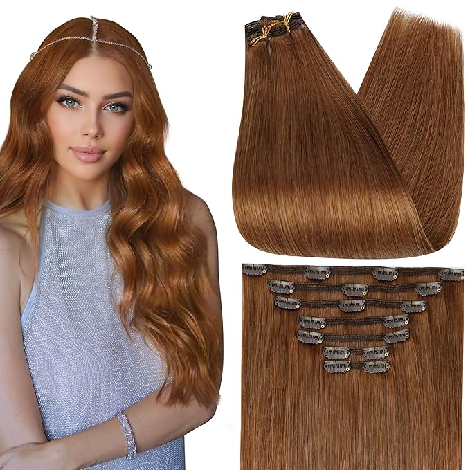 Full Shine Dark Auburn Hair Extensions Clip ins Real Human Hair Auburn Remy Hair Extensions Clip in for Women for Hairstyles 18 Inch 7 Pcs 120 G
