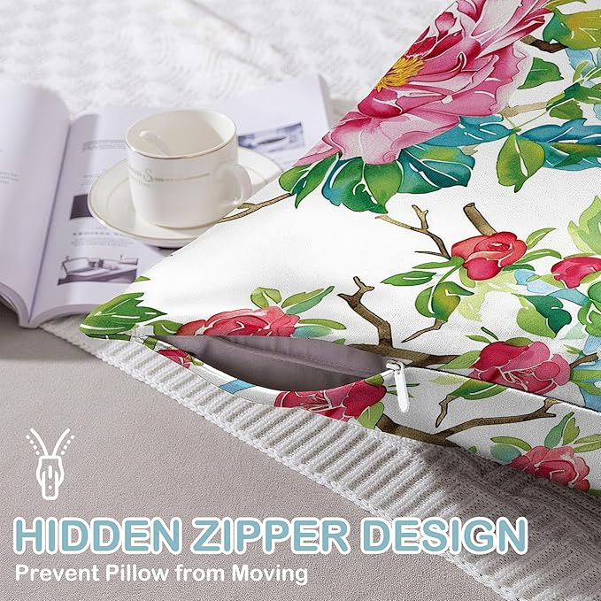 Satin Pillowcase 1 Pack-Pink Roses Flowers and Red Birds Silky Pillow Cover for Hair and Skin,Standard Size 20x26 Inch Soft Cooling Printed Pillow Cases with Hidden Zipper,Gifts for Women Men