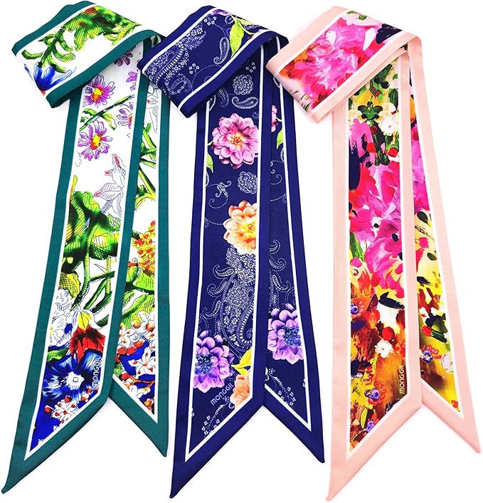 Skinny Scarf 3 Pack for Women – Bag Scarf, Silk Hair Scarves (Original Prints, Premium Twill, 3 Designs)