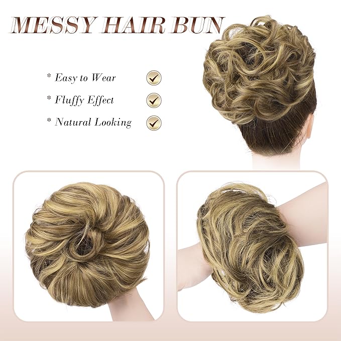 FESHFEN Messy Bun Hair Piece - Elastic Wavy Curly Hair Bun Scrunchies Extensions Synthetic Chignon Hairpieces for Women, Ash Brown & Blonde 1.5 oz