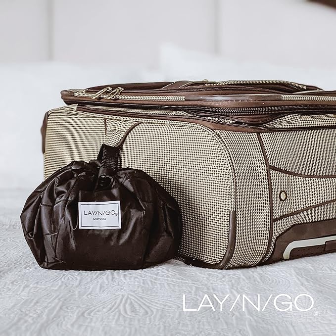 Lay-n-Go Cosmo Drawstring Cosmetic & Makeup Bag Organizer - Portable Drawstring Bag w/Zipper Pocket, Makeup Loops & More - Durable, Machine Washable Toiletry Bag for Travel (20", Metallic Gold)