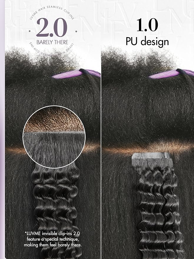 LUVME Invisible Clip ins Hair Extensions Deep Kinky Curly Real Human Hair Remy Hair Clip ins for Women, Natural Human Hair, 20 inch 110g 6Pcs, Natural Black