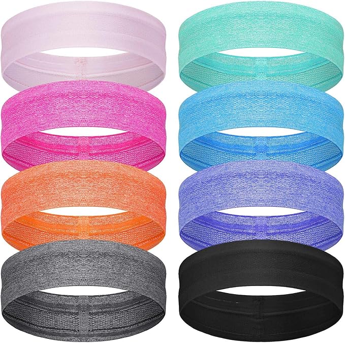 8 Pieces Sweatbands Non Slip Headbands Stretchy Running Sports Sweatbands Workout Headband Grip Silicone Yoga Hair Band Elastic Exercise Hair Wrap for Women Men