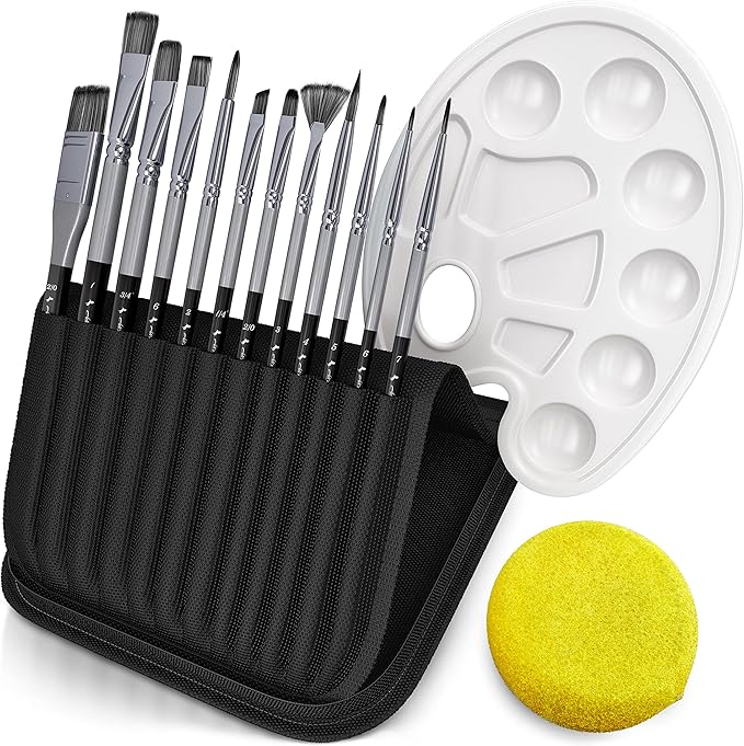ADI&Guys Paint Brush Set – 12 Brushes with Travel Case, Mixing Palette & Sponge – for Acrylic, Oil, Watercolor & Face Painting – Art Supplies for Kids & Artists