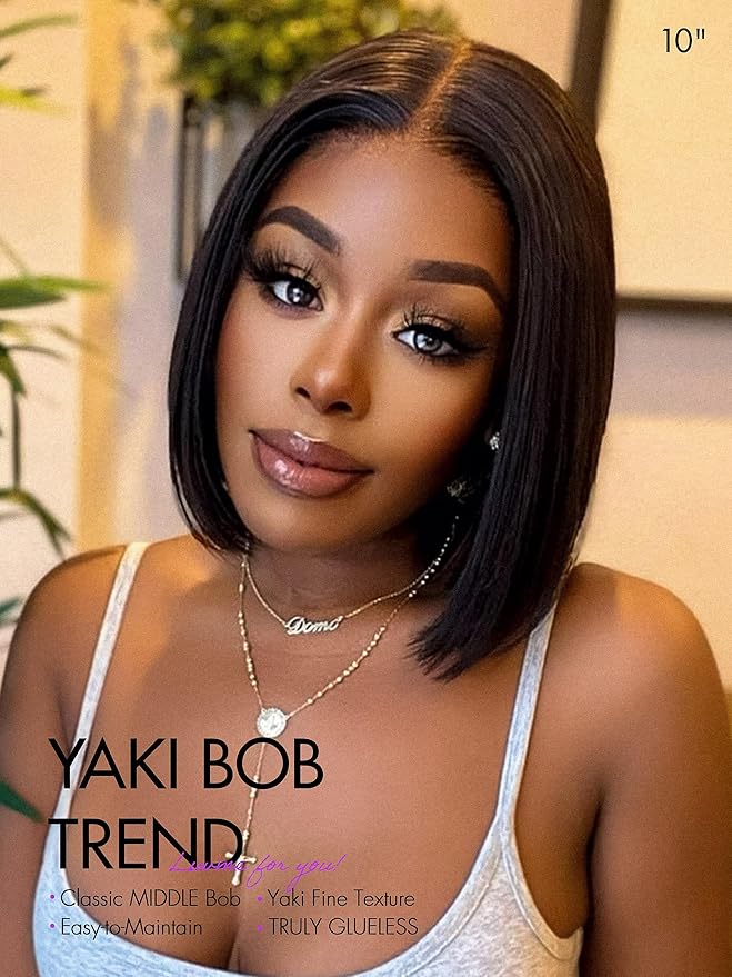 LUVME HAIR 10" Light Yaki Glueless Bob Wigs Human Hair Pre Plucked, 5x5 HD Lace Closure Wigs Human Hair 180 Density, Ready to Go Wig with Bleached Knots & Pre Cut Lace