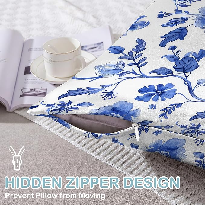 Vintage Blue Floral Satin Pillow Case Queen Size,Soft Pillowcases for Hair and Skin Similar to Silk,Pillowcases with Hidden Zipper Bedding Accessories,20X30 Inches,1 Pack